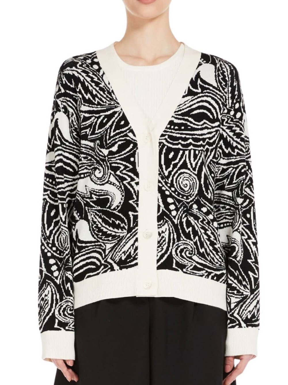 Weekend Max Mara Ornella Black & White Abstract Jacquard Knit Cardigan Sweater M
